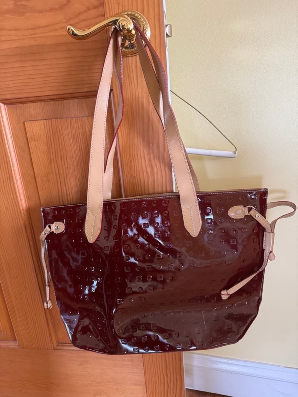 Patent Leather Tote Bag in Deep Burgundy with Beige Straps